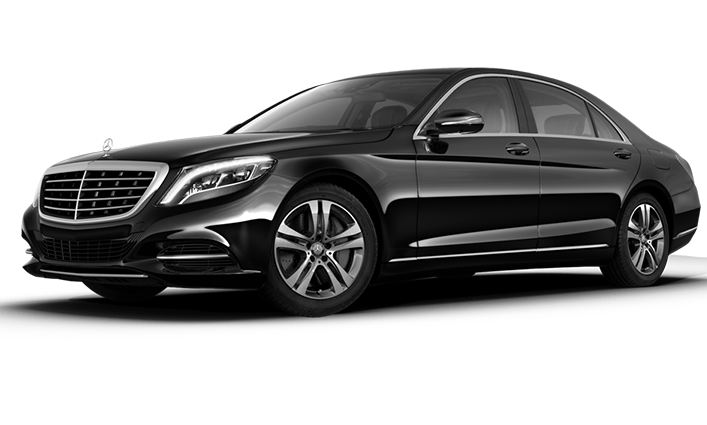 Home 4 A black luxury sedan with chrome accents, four doors, and tinted windows is shown from a front-side angle against a plain background—ideal for Houston airport transfer or premium limo service.