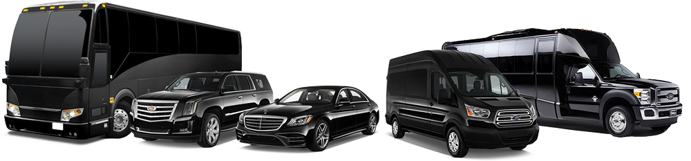 Home 7 A lineup of black vehicles—including a coach bus, SUV, luxury sedan, passenger van, and shuttle bus—showcases the premier car service options available in Houston, all facing forward in style.