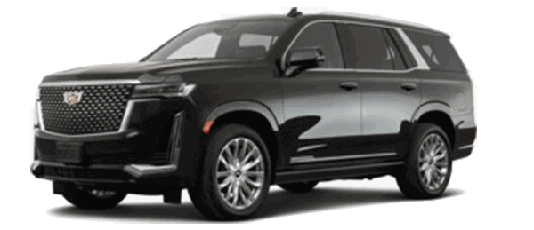 Home 2 A black Cadillac Escalade SUV, perfect for limo service or airport transfer, is parked and viewed from the front left side.